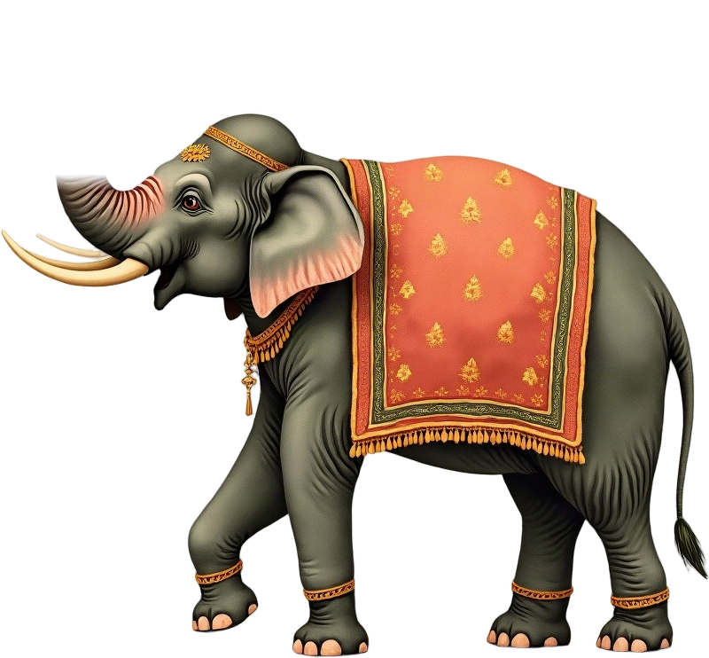 A ceremonial elephant ringing a temple bell